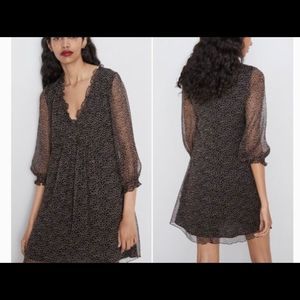 Zara draped mini dress black brown polka dot fit & flare XS